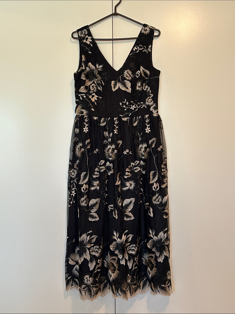 SLNY Black Maxi Dress with Gold Floral Embroidery size 12